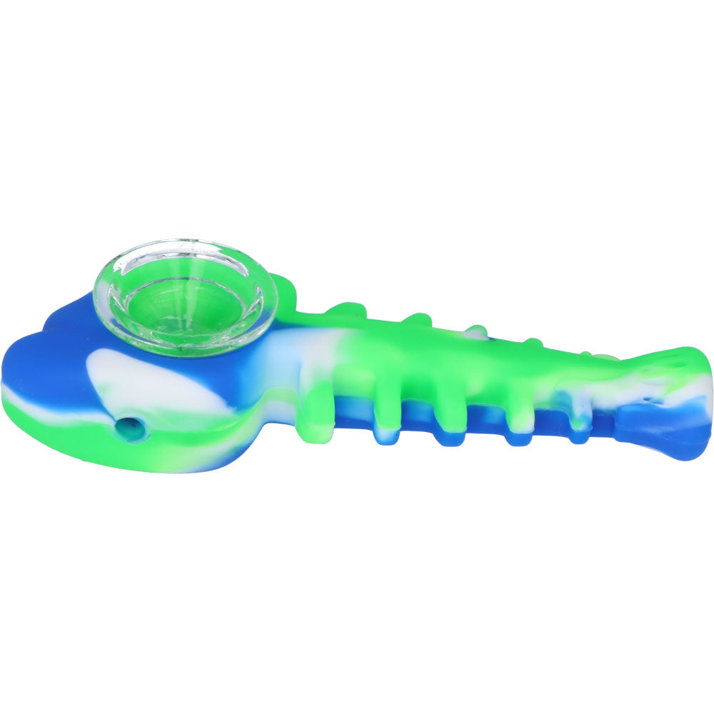 Silicone Fish Bone Hand Pipe with Glass Bowl  | Blue/Green  | side view 2