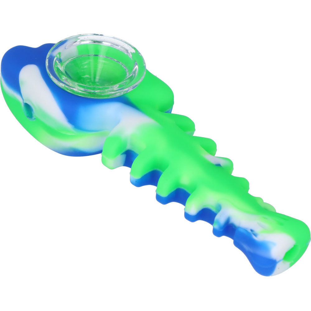 Silicone Fish Bone Hand Pipe with Glass Bowl  | Blue/Green  | side view 3
