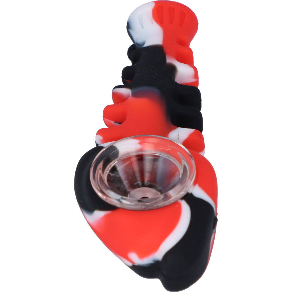 Silicone Fish Bone Hand Pipe with Glass Bowl  | Red  | front view