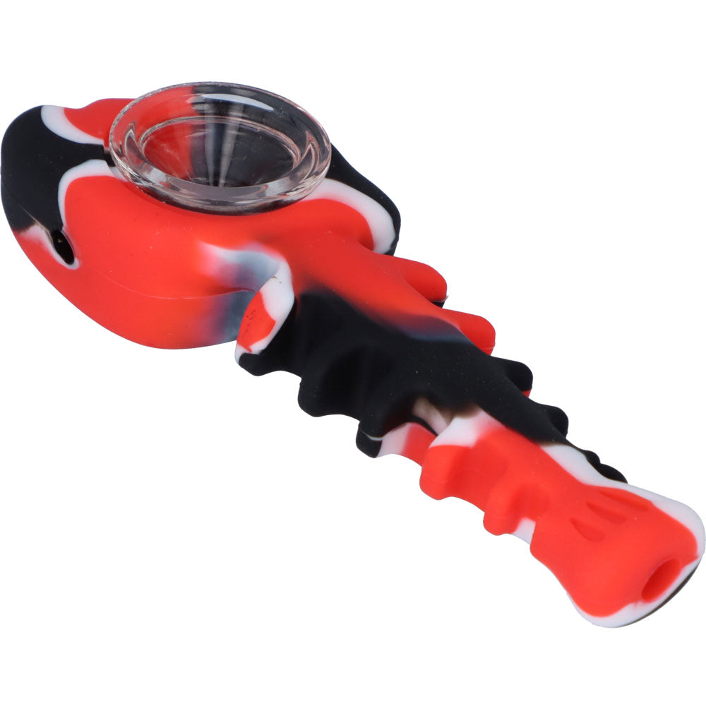 Silicone Fish Bone Hand Pipe with Glass Bowl  | Red  | side view 3