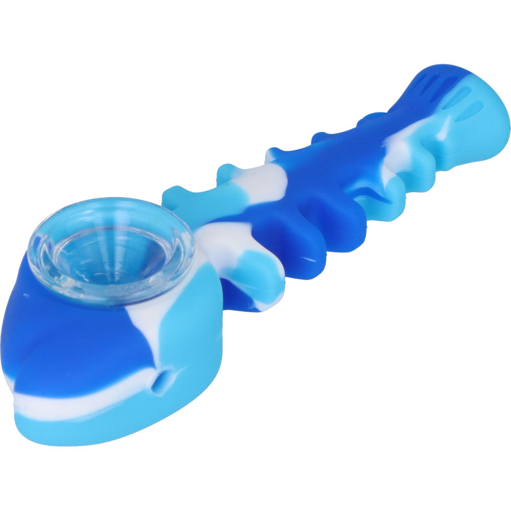 Silicone Fish Bone Hand Pipe with Glass Bowl  | Blue  | side view 4