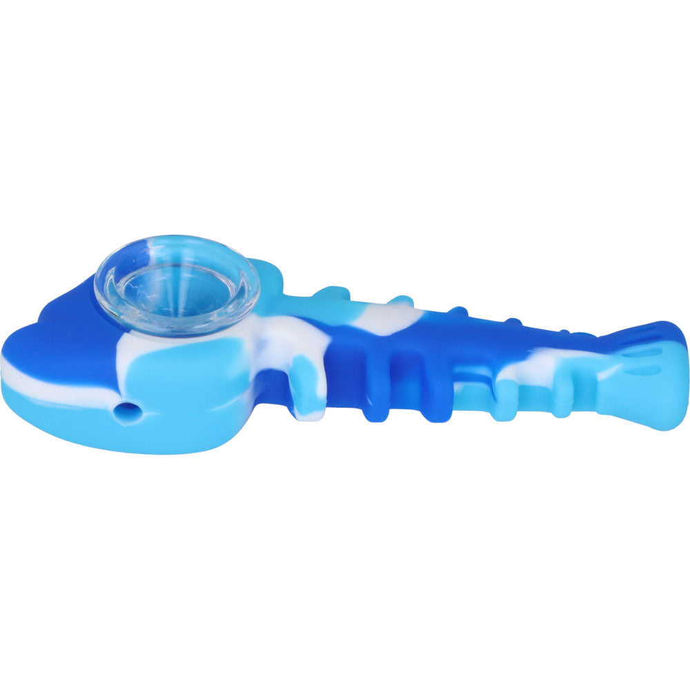 Silicone Fish Bone Hand Pipe with Glass Bowl  | Blue  | side view 2
