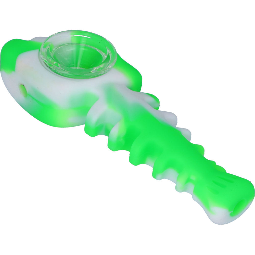 Silicone Fish Bone Hand Pipe with Glass Bowl  | Green  | side view 3